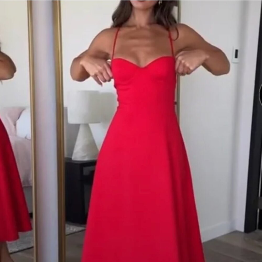 White Fox Boutique Midi Bustier bandeau strap sweetheart open back red dress
